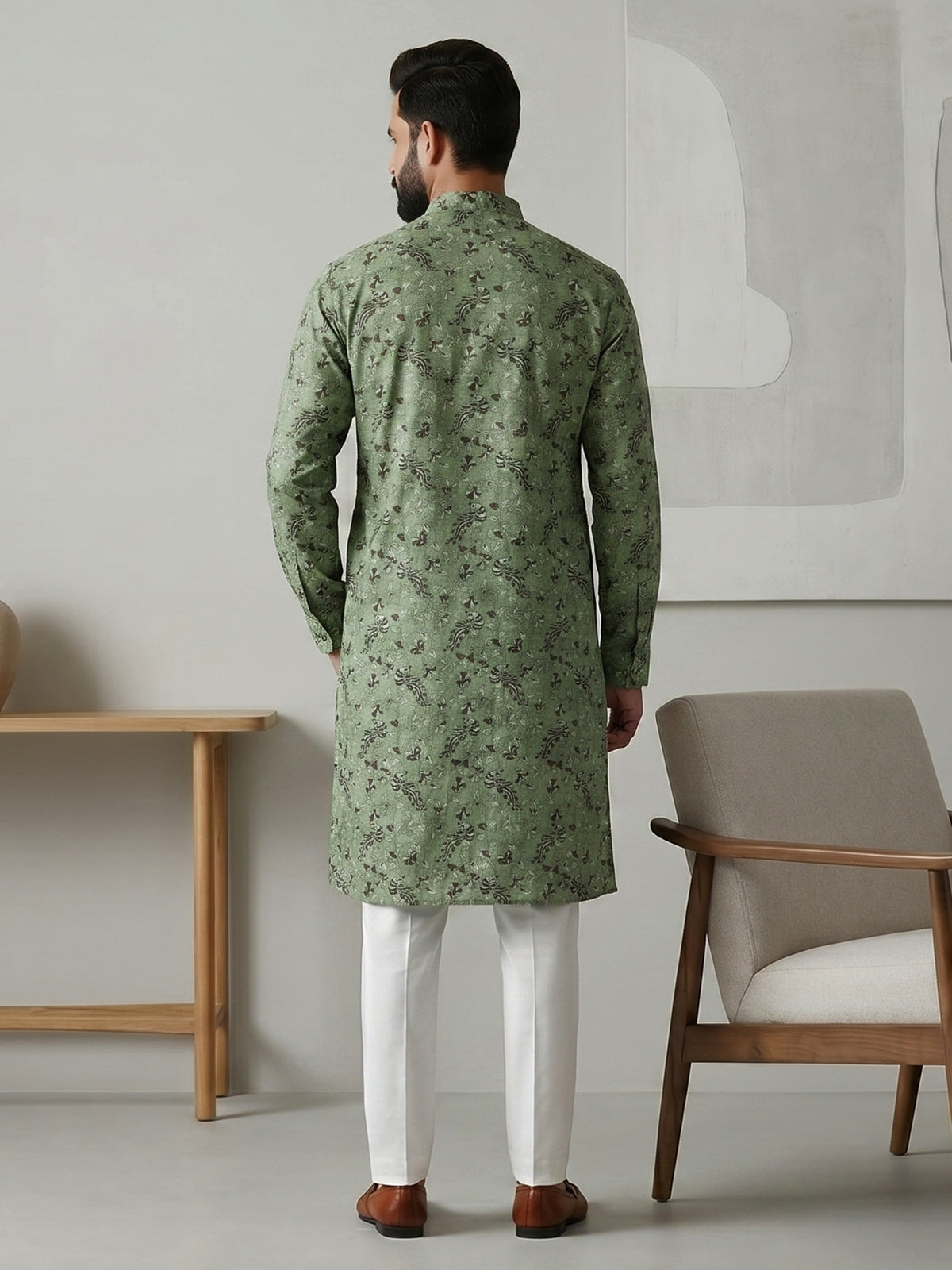 Green festive printed kurta suit in cotton