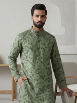 Green festive printed kurta suit in cotton