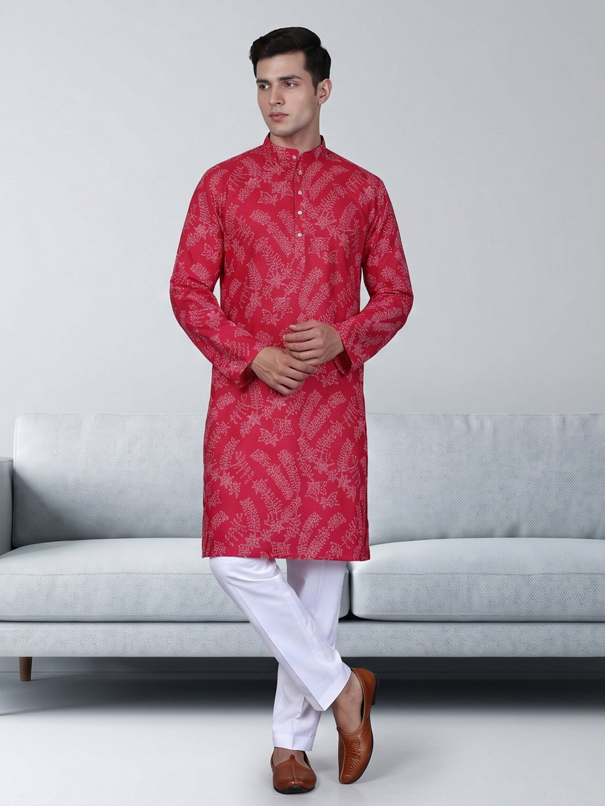 Red cotton festive wear printed kurta suit for men