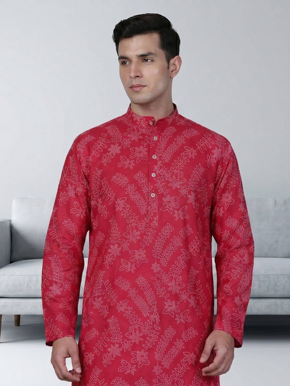 Red cotton festive wear printed kurta suit for men