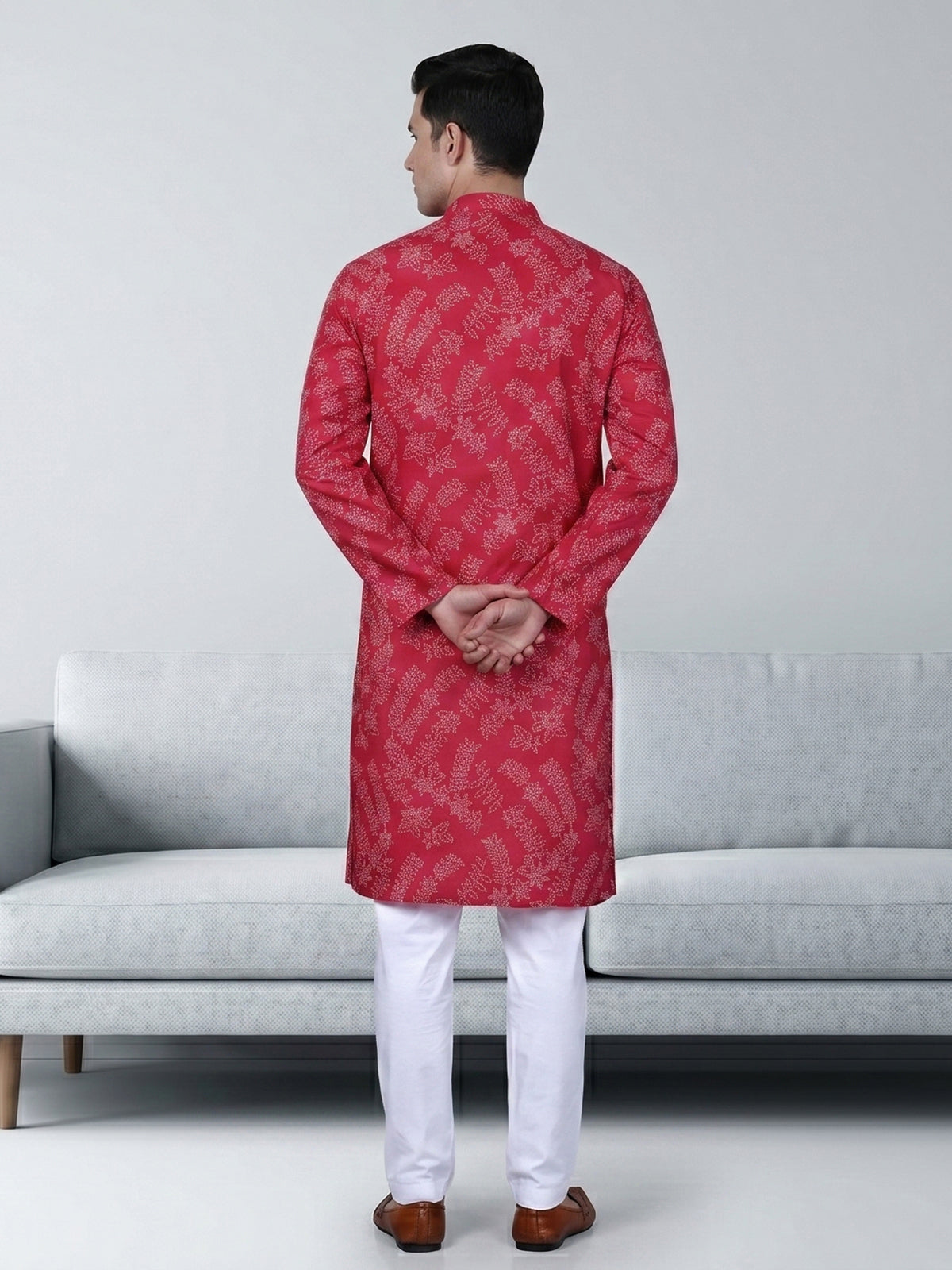 Red cotton festive wear printed kurta suit for men