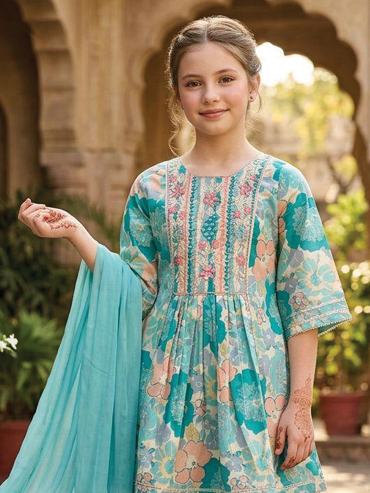 Light green cotton silk palazzo suit with prints