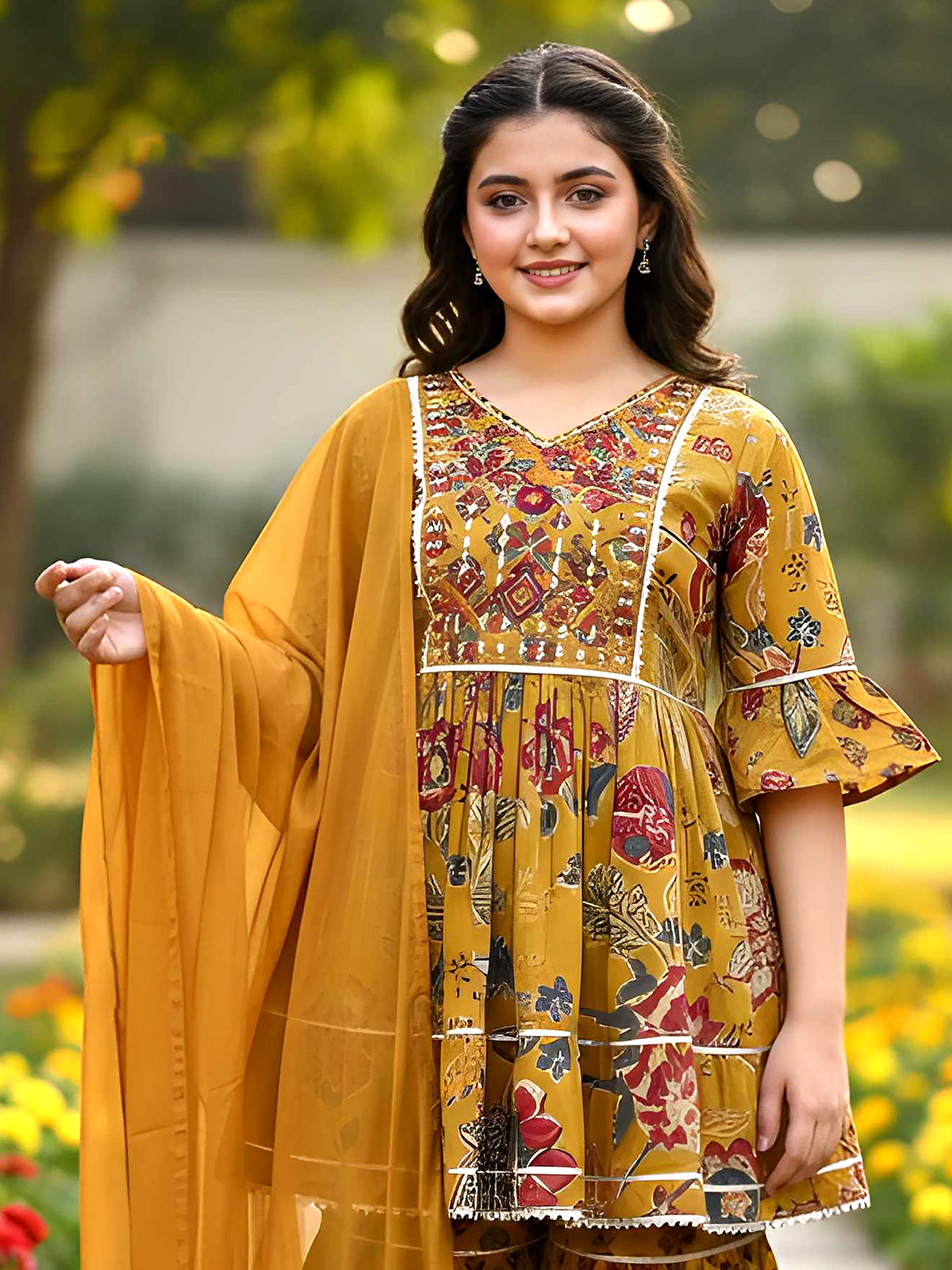 Khaki cotton silk sharara suit with aabla work