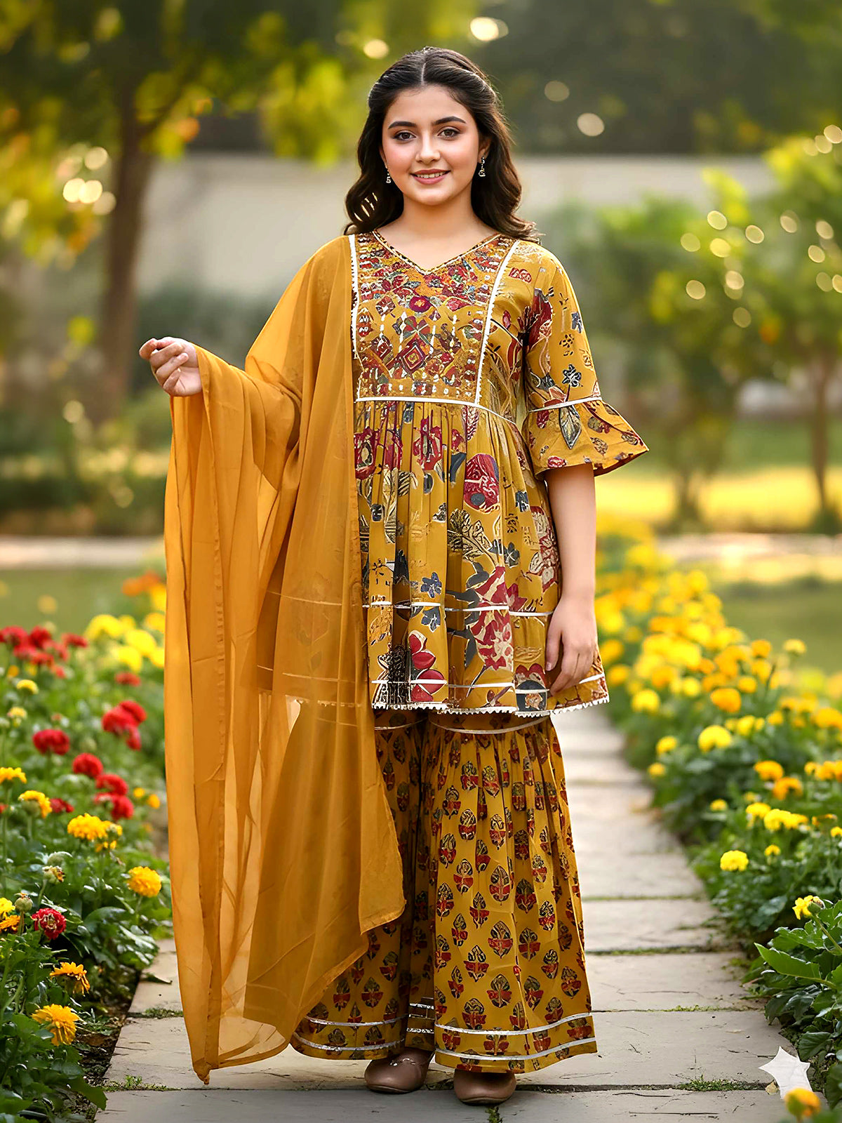 Khaki cotton silk sharara suit with aabla work