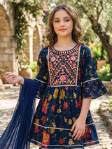 Blue cotton sharara suit with floral yoke pattern