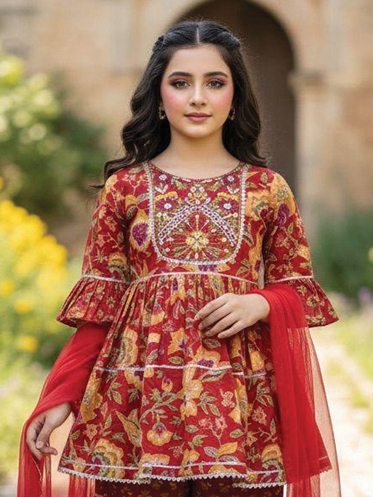 Red cotton sharara suit with embellished yoke design