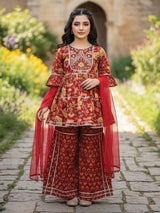 Red cotton sharara suit with embellished yoke design