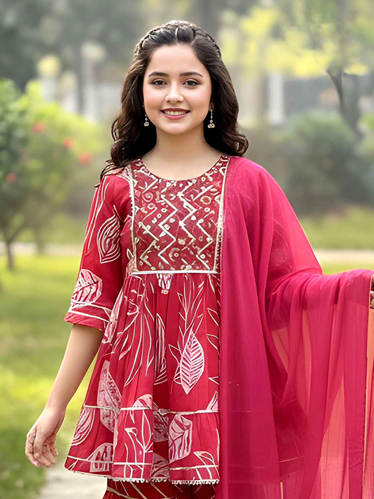 Reddish pink cotton sharara suit with gota work