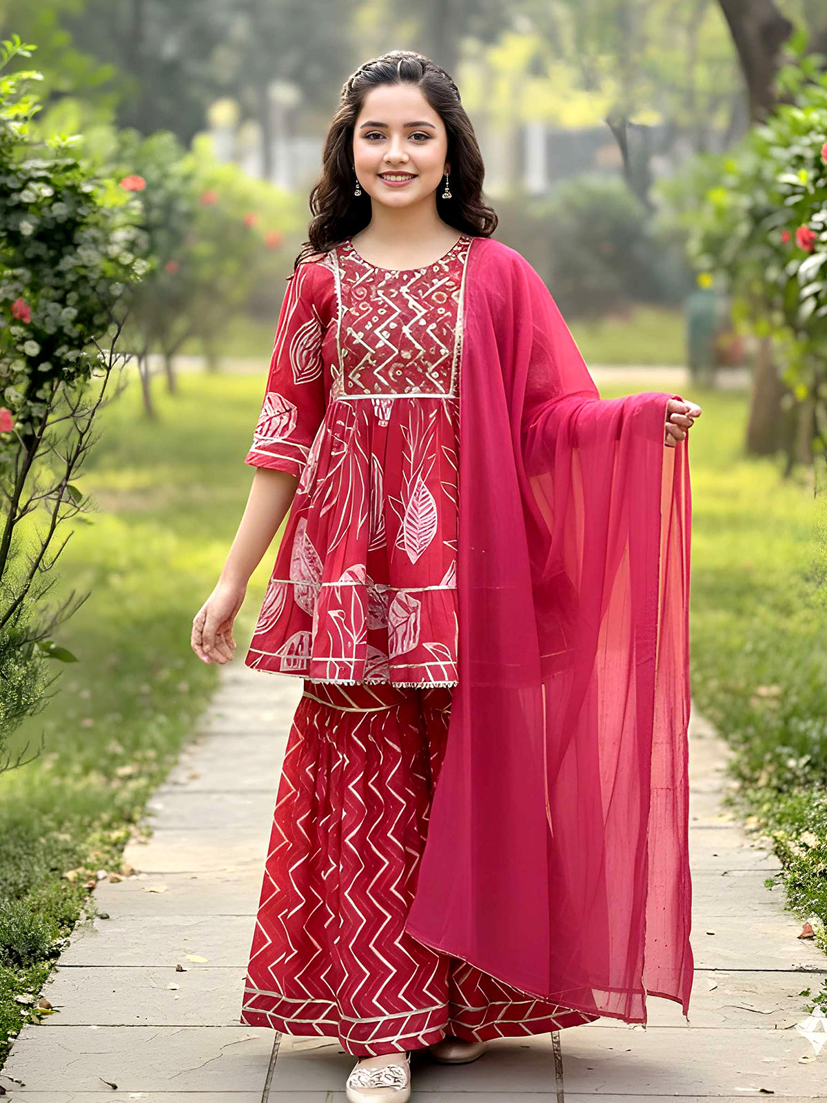 Reddish pink cotton sharara suit with gota work
