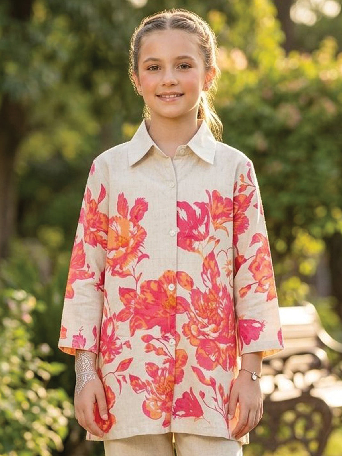 Beige floral cotton co ord set with smart collar