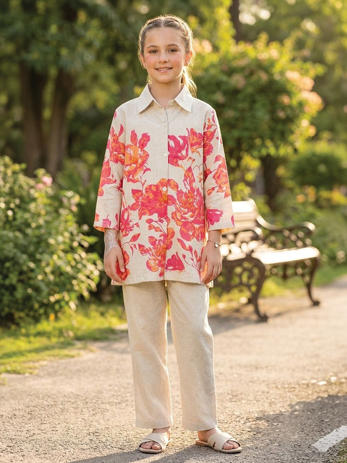 Beige floral cotton co ord set with smart collar