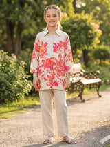 Beige floral cotton co ord set with smart collar