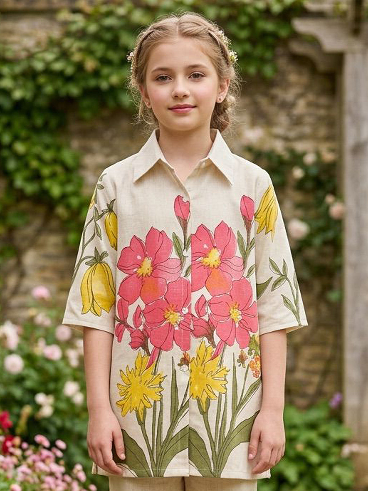 Beige cotton pink floral co ord set with collar design