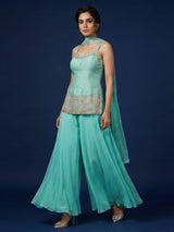 Aqua blue crepe silk palazzo suit with mirror work