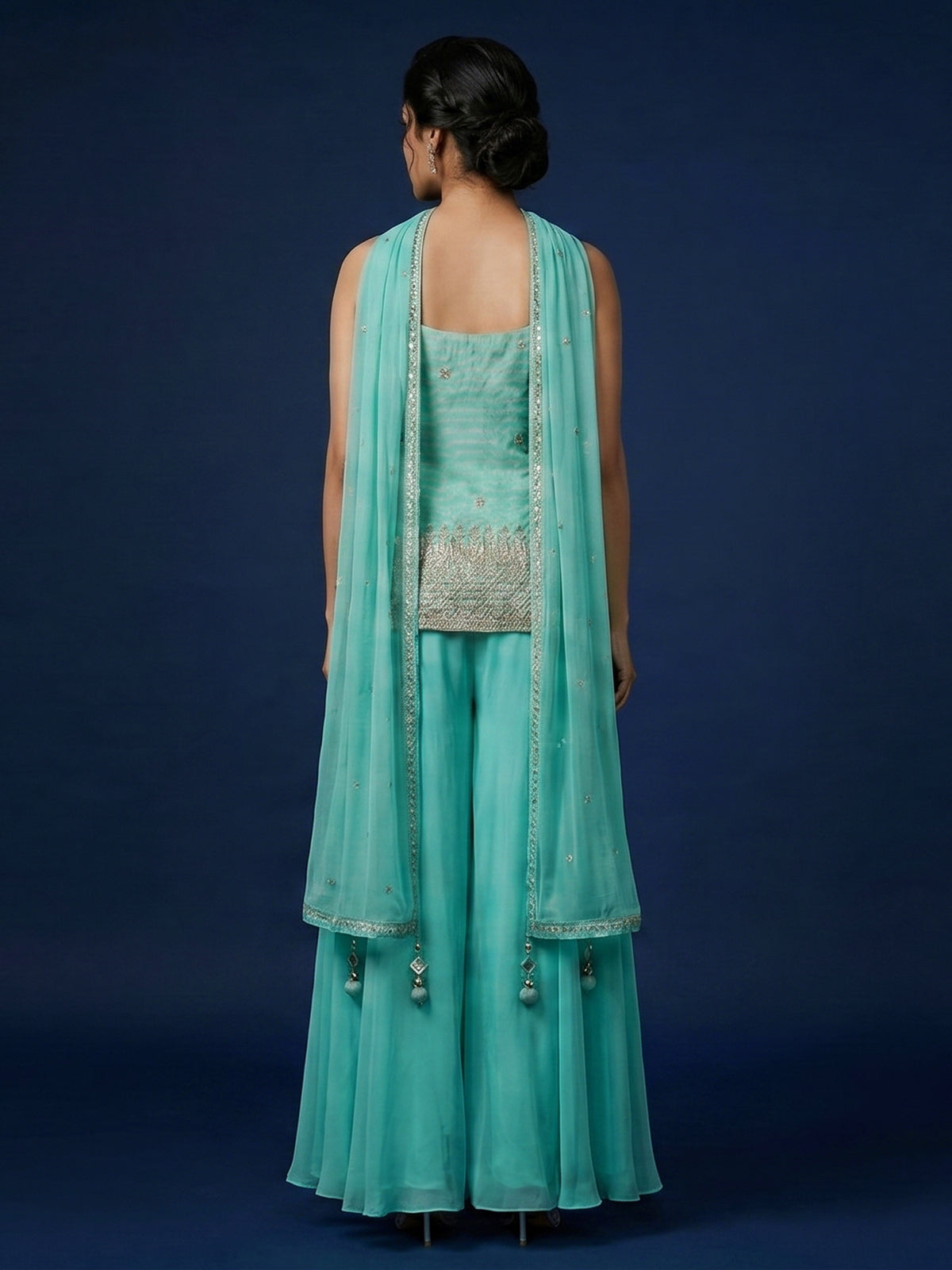 Aqua blue crepe silk palazzo suit with mirror work