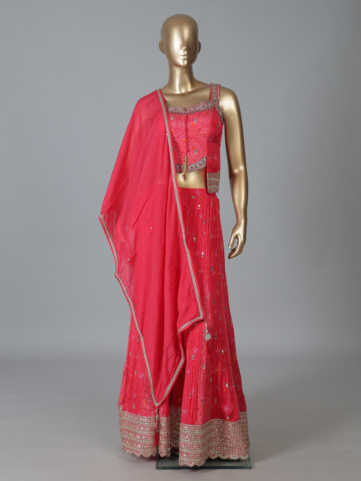 Pink silk designer palazzo suit with detailed work