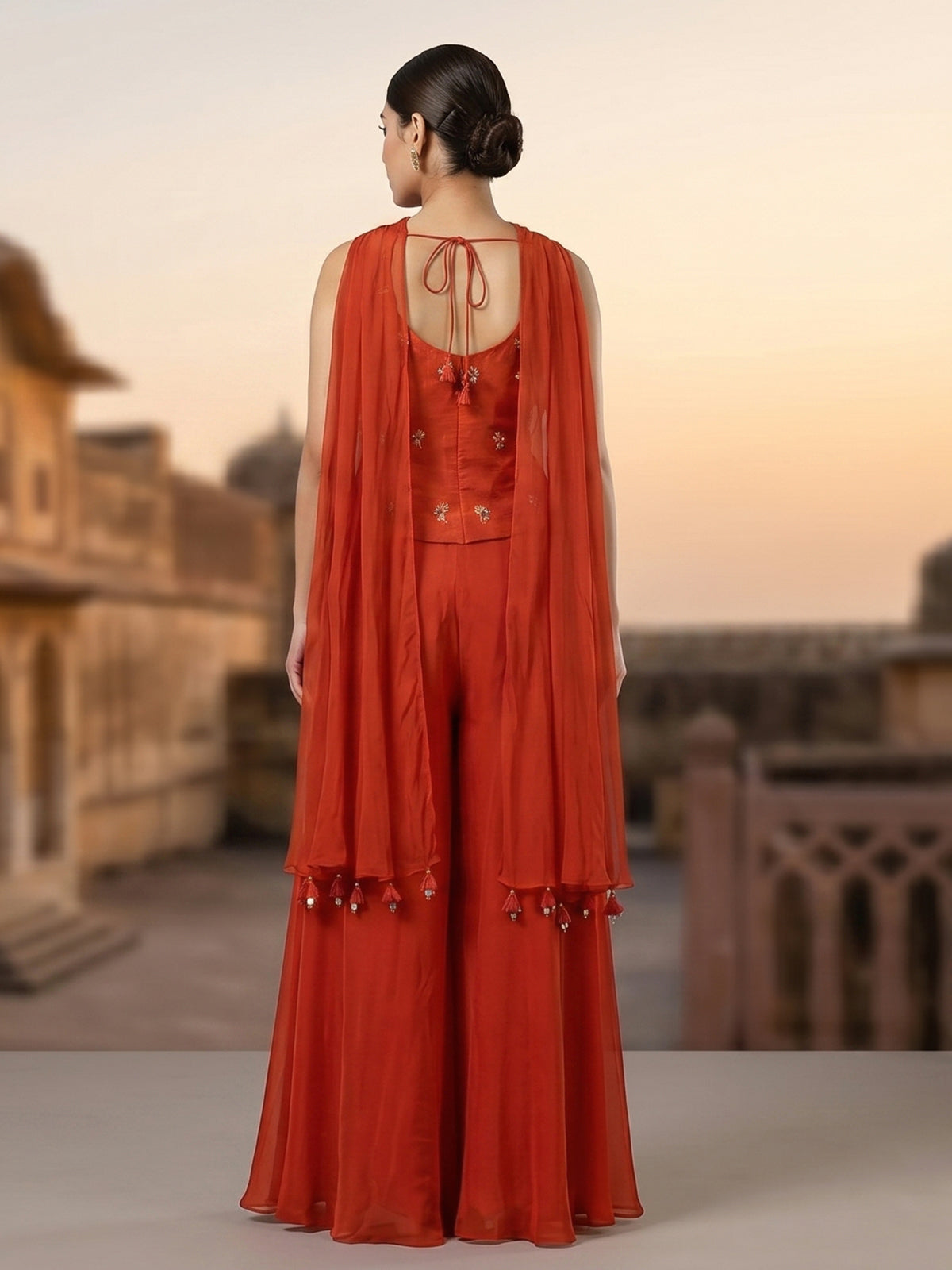 Orange satin silk palazzo suit with heavy embellishments