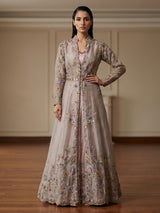 Beige tissue silk long jacket style designer suit