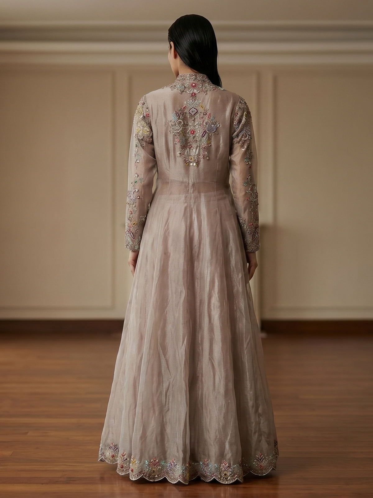Beige tissue silk long jacket style designer suit
