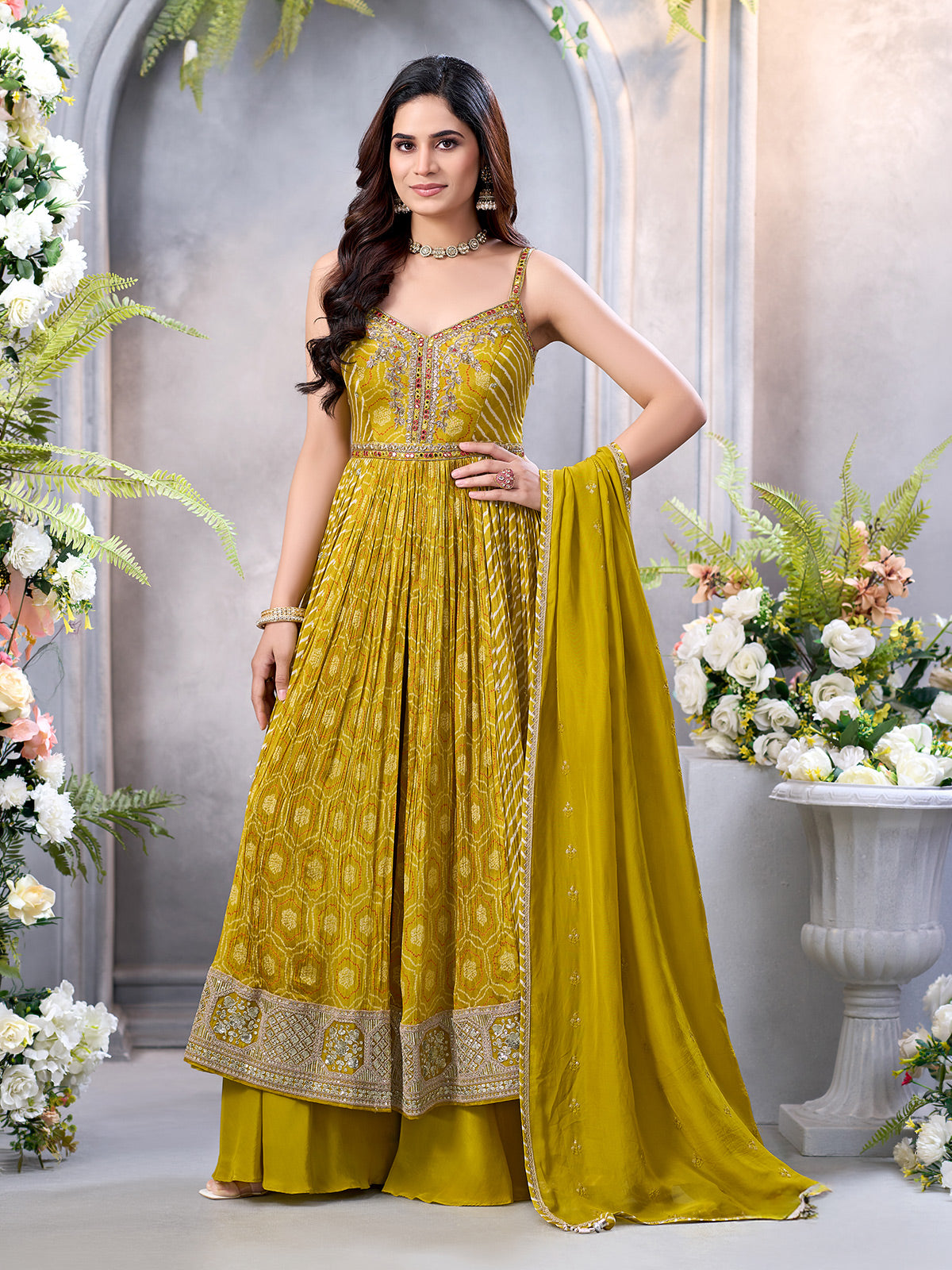 Mehendi green silk palazzo suit with embroidery work