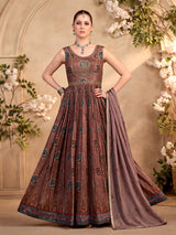 Brown silk anarkali suit with diamond embellishments