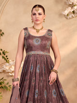 Pastel brown silk anarkali suit with printed elegance