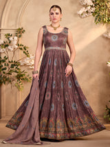 Pastel brown silk anarkali suit with printed elegance