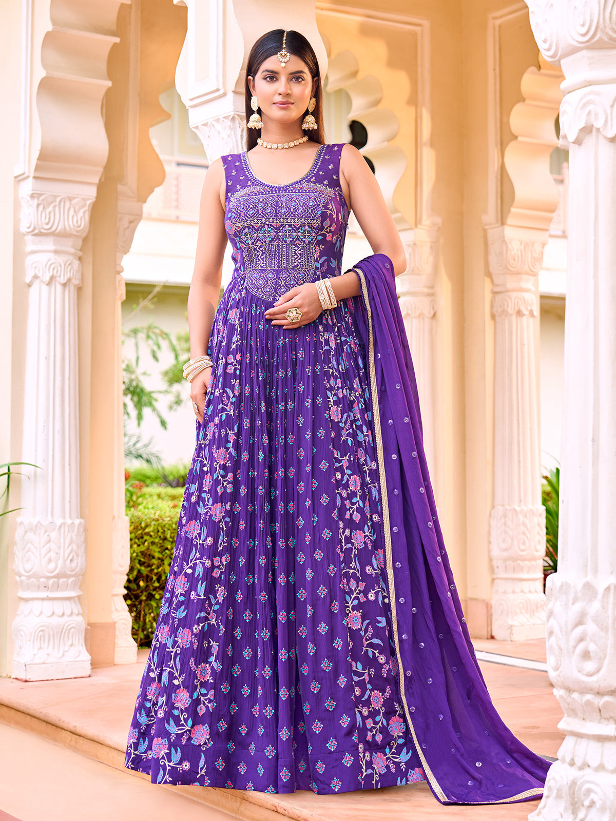 chiffon anarkali dress Purple georgette suit with stone work – G3+Fashion Color:Slate-Blue Floral Printed Neck If you love the minis