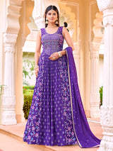 Purple chiffon georgette anarkali suit with stone work