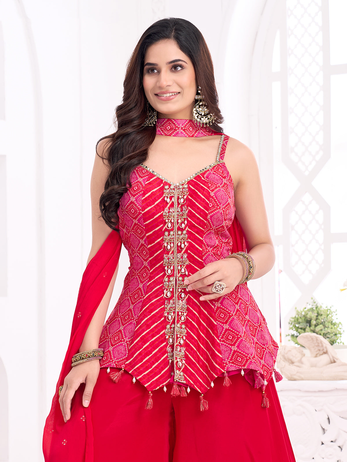 Magenta chiffon silk palazzo suit with bandhej print