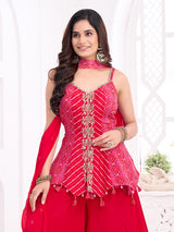 Magenta chiffon silk palazzo suit with bandhej print