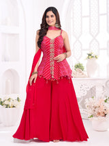 Magenta chiffon silk palazzo suit with bandhej print