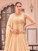 Cream silk lehenga choli with floral print detailing