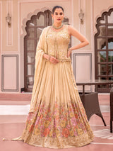 Cream silk lehenga choli with floral print detailing