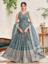 Stone grey silk lehenga choli with zari embellishment