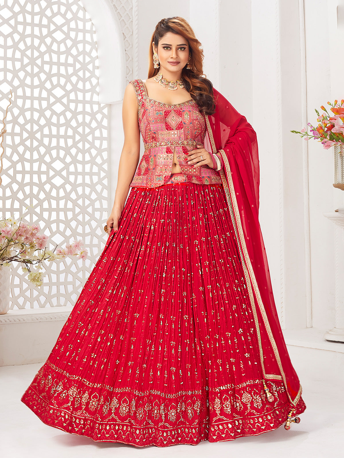 Red georgette designer lehenga choli with dupatta