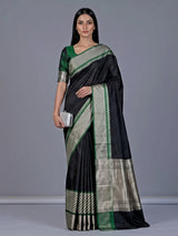 Black banarasi silk saree with contrast border and zari pallu