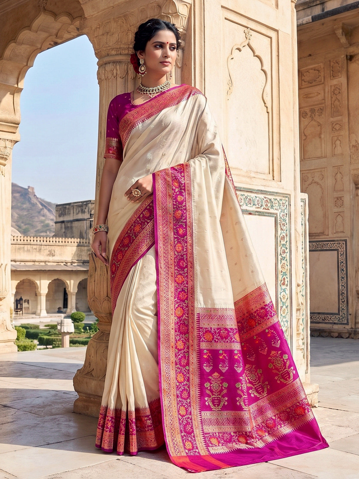 Beige banarasi silk saree with floral zari border design