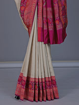 Beige banarasi silk saree with floral zari border design