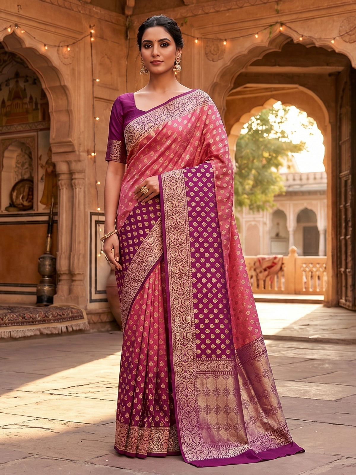 Purple pink shaded banarasi silk saree with zari butti