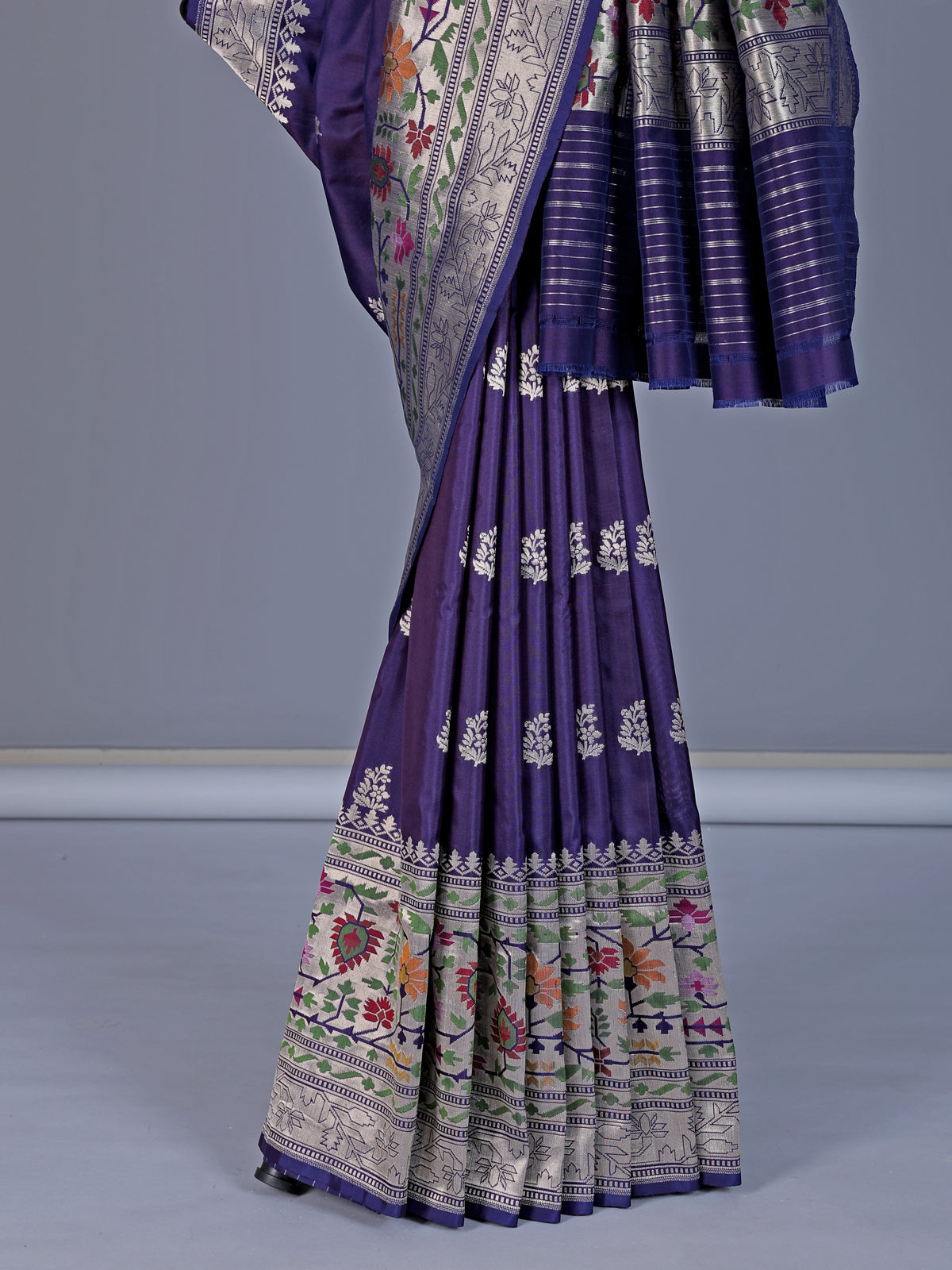 Purple banarasi silk saree with floral zari butti border
