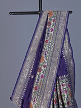 Purple banarasi silk saree with floral zari butti border