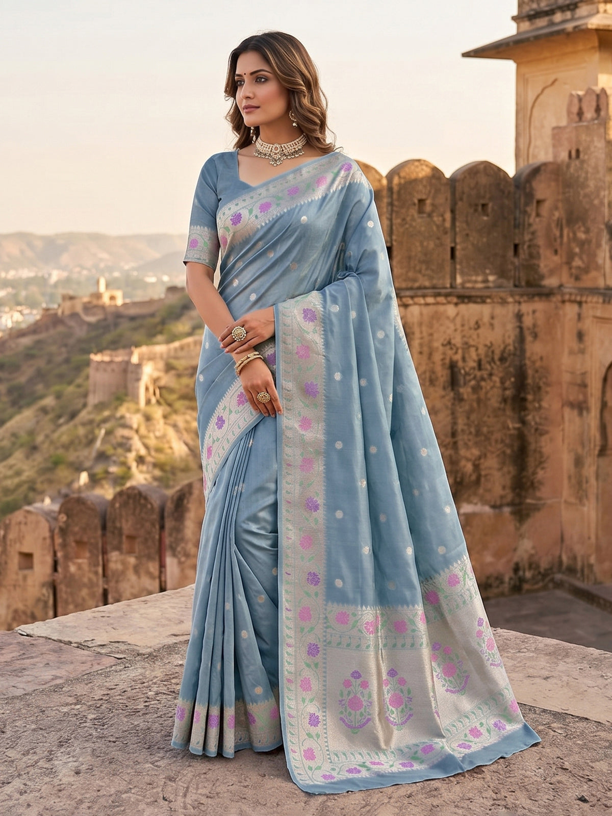 Light grey banarasi silk saree with zari butti motifs