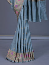 Light grey banarasi silk saree with zari butti motifs