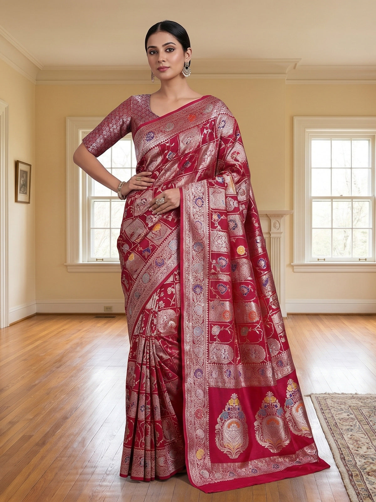 Maroon banarasi silk saree with floral zari work richness