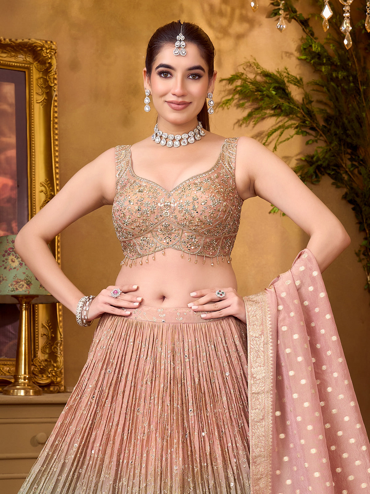 Pista green pink lehenga choli with shaded design