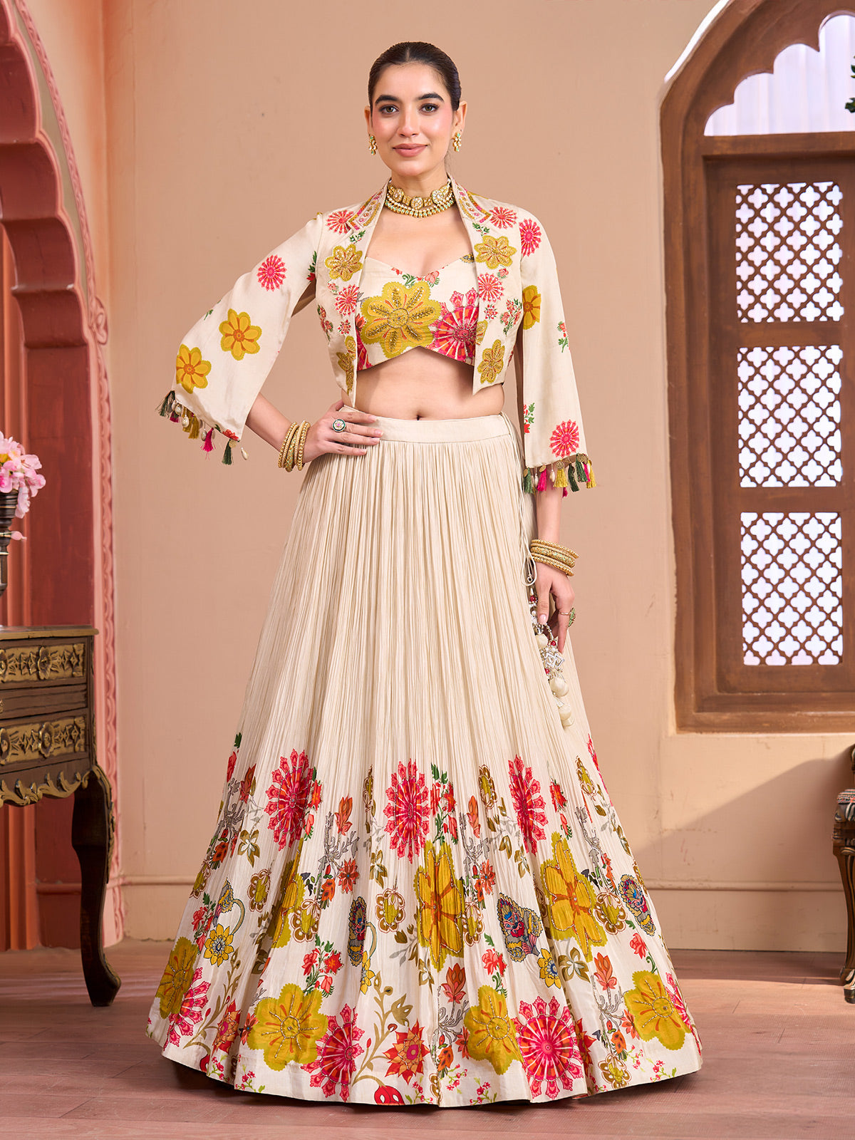 Off white silk lehenga choli with jacket style