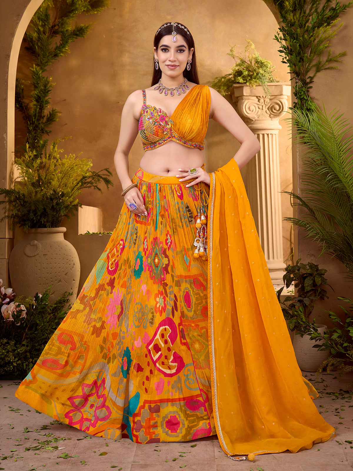 Mustard chiffon lehenga choli with designer embellished blouse