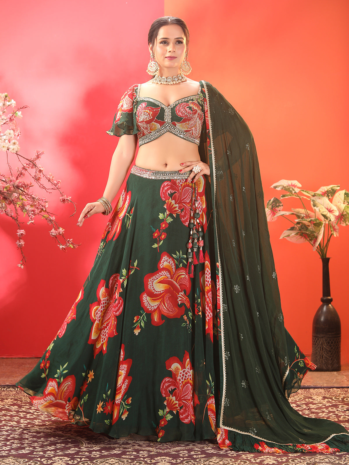 Mehendi green tissue silk lehenga choli with prints