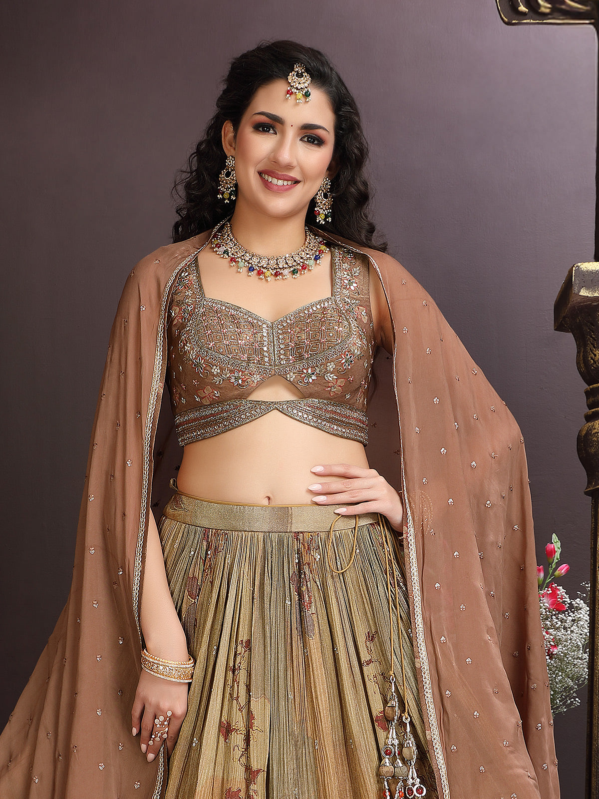Mehendi green chiffon lehenga choli with mirror detailing